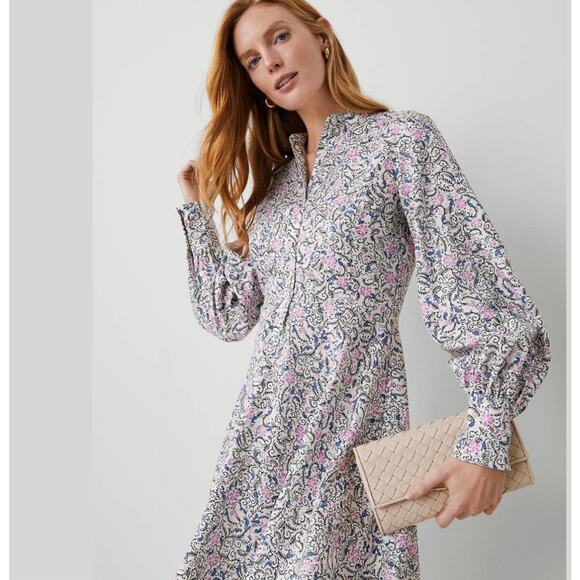 Ann Taylor Floral Puff Sleeve Flare Dress Orchid Glow | Size 10 Petite - Picture 1 of 4
